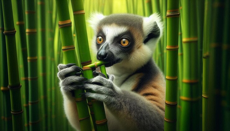 Foto un lémur de bambú más grande se alimenta de bambú y captura su comportamiento natural