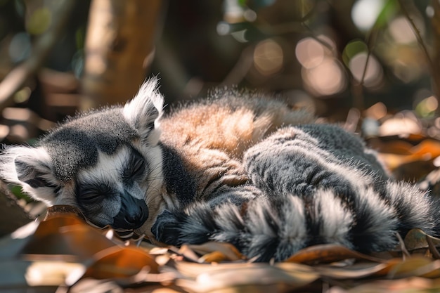 Foto un lémur catta lémur de cola anillada tomando el sol en los bosques de madagascar su cola enrollada cuidadosamente