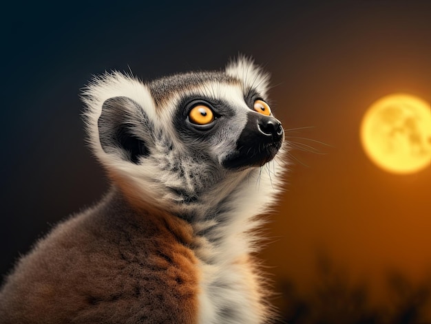 Foto lémur com seus enormes olhos olhando para o nascer da lua