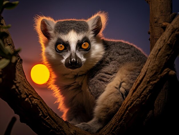 Foto lémur com seus enormes olhos olhando para o nascer da lua