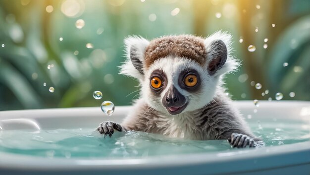 Un lémur lindo y gracioso tomando un baño.