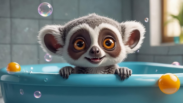 Un lémur lindo y gracioso tomando un baño.