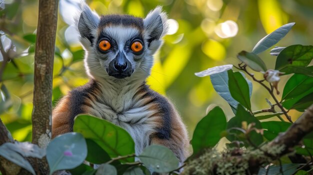 Un lémur mirando fijamente a la cámara con los ojos anchos de color naranja