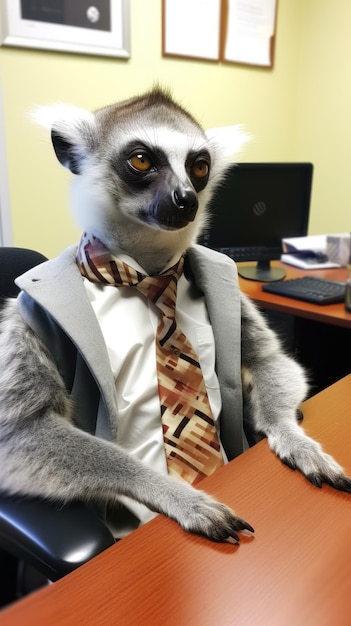 Foto lémur de negocios en una oficina temática de madagascar generada por la ia