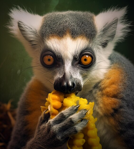 Un lémur de ojos anaranjados está comiendo maíz.