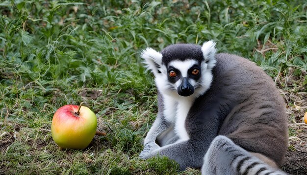 Foto un lémur está sentado junto a una manzana y una manzana