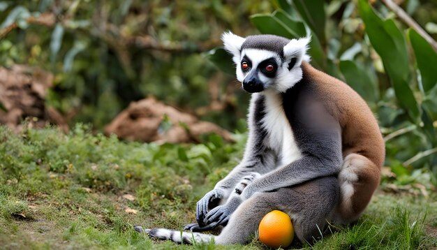 Foto un lémur está sentado en el suelo con una pelota naranja