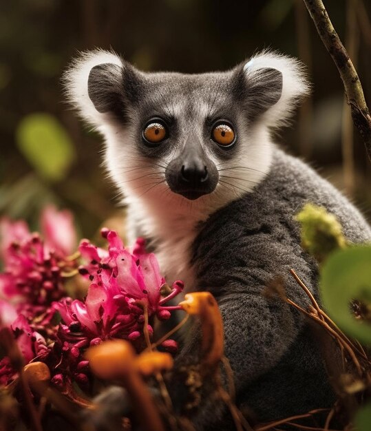 Lêmure bonito sentado no galho encarando a natureza verde de pele fofa gerada por inteligência artificial