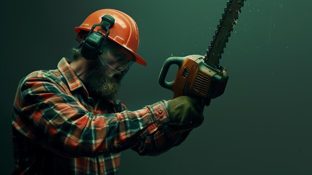 Foto un leñador con equipo de protección está cortando un árbol con una motosierra el fondo verde hace que el equipo de seguridad naranja se destaque