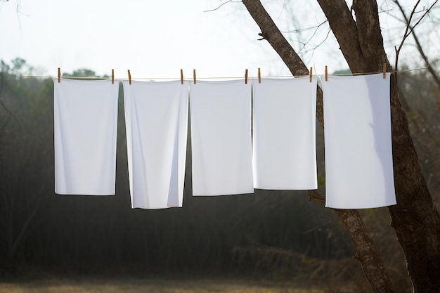 Lençóis brancos limpos secando em uma linha Lavanderia com alfinetes de roupa em uma corda ao ar livre Linha de lavanderia a seco limpa Linha de lavanderia a seco Espaço vazio para modelo de texto