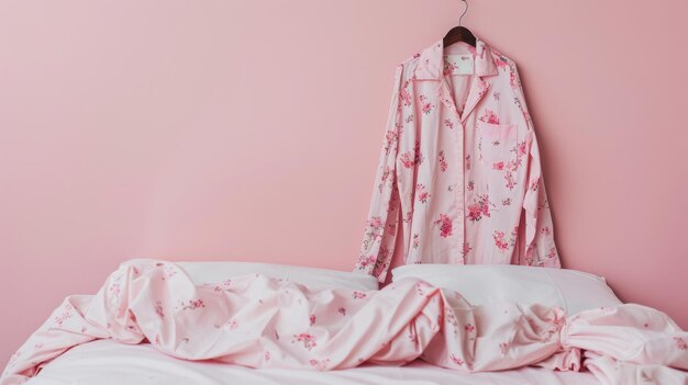 Lençóis cor-de-rosa drapeados sobre uma cama não feita contra uma parede rosa correspondente
