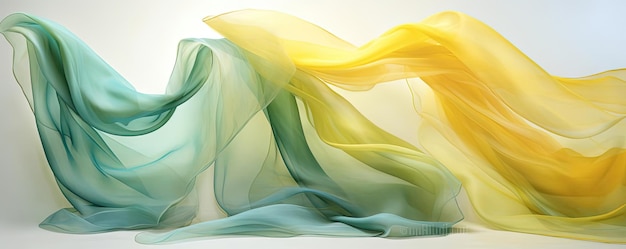 lenços de seda transparentes verdes e amarelos movendo-se um para o outro no estilo de céus pastéis suaves