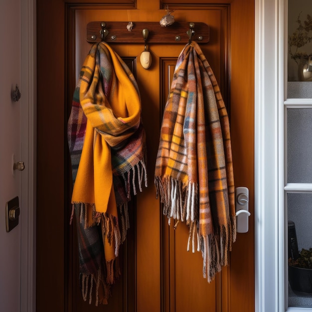Lenços e luvas quentes pendurados na porta