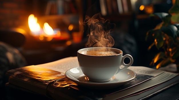 Lendo o livro na mesa com uma xícara de café em segundo plano dentro de casa