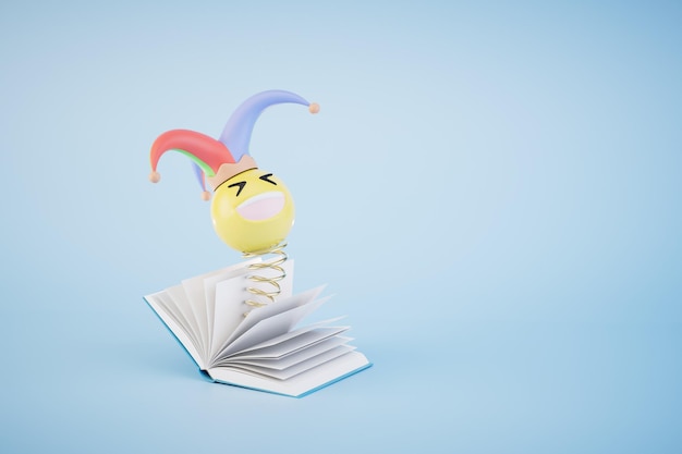 Lendo um livro de comédia, um livro aberto do qual um emoji aparece em uma renderização 3D copiada e colada