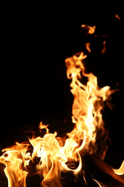 Lenguas de una llama de fuego de color amarillo anaranjado de la quema de leña