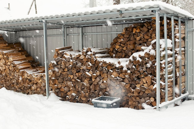 Lenha picada está sob um dossel no inverno Conceito de aquecimento de madeira