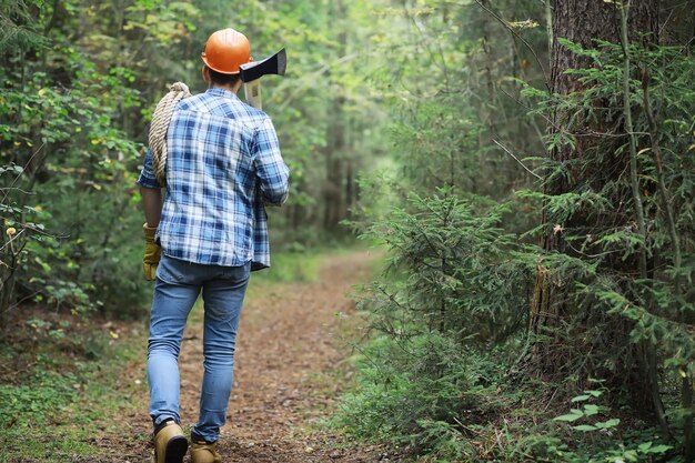 Lenhador masculino na floresta. Um lenhador profissional inspeciona as árvores para o corte.