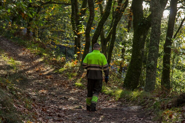 Foto lenhador ou trabalhador florestal caminhando pela floresta