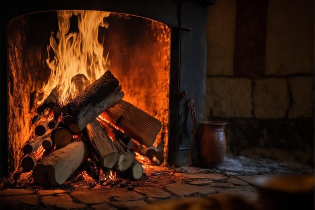 Leños ardiendo en una chimenea Ai generativo