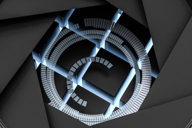 Lente de cámara de representación 3d en un fondo de estudio oscuro