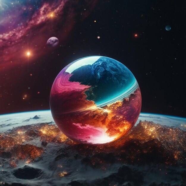 Lente de cristal creativa aislado planeta Tierra en el espacio con la luna y las estrellas Ai foto