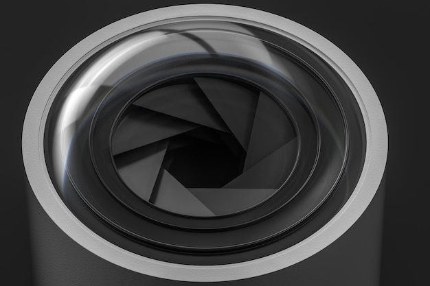 Lente de câmera de renderização 3D em um fundo de estúdio escuro