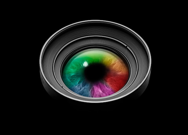 Foto lente de câmera preta com olho multicolorido