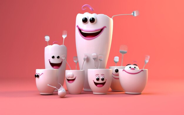 Lente de dientes y tazas con pasta de dientes en rosa.