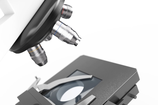 Lente objetiva de microscópio de laboratório moderno closeup extrema em um fundo branco. Renderização 3D.