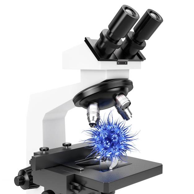 Lente objetiva de microscópio e célula de vírus azul ou bactéria em um fundo branco. Renderização 3D.