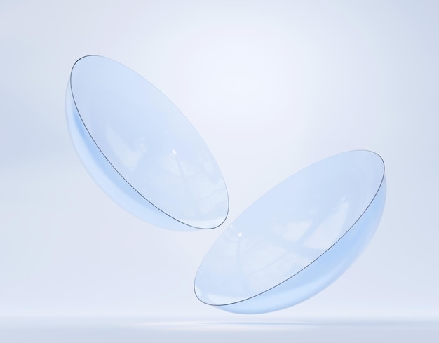 Lentes de contacto para el cuidado de los ojos aislados sobre fondo azul Equipo médico para la corrección de la visión par de lentes suaves y transpirables Mockup para diseño de paquete banner publicitario Ilustración de renderizado 3d realista