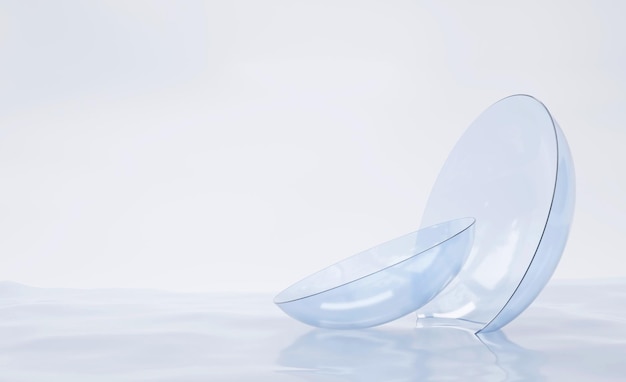 Lentes de contato para correção da visão na superfície da água solução líquida para limpeza de lentes transparentes de casal azul Equipamento médico para maquete de acessórios pessoais de cuidados com os olhos para design de embalagem 3d render