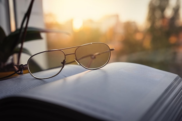 Lentes de lectura y un libro abierto en el alféizar contra el telón de fondo de las vacaciones en casa del sol