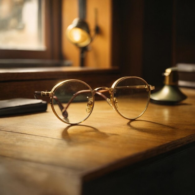 Lentes de oro redondos de metal de los años cuarenta en un cálido