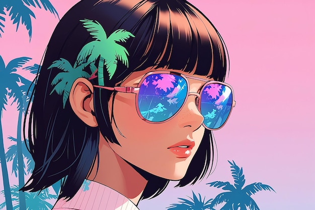 Lentes de sol elegantes que reflejan palmeras en lentes con una geometría rosada y azul futurista