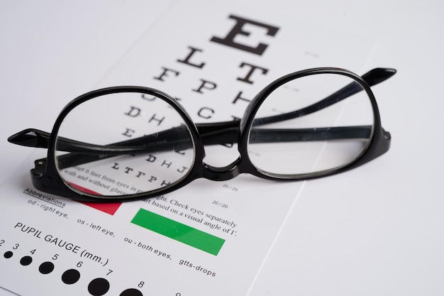 Foto lentes en la tabla de examen ocular para probar la precisión de la lectura de la vista