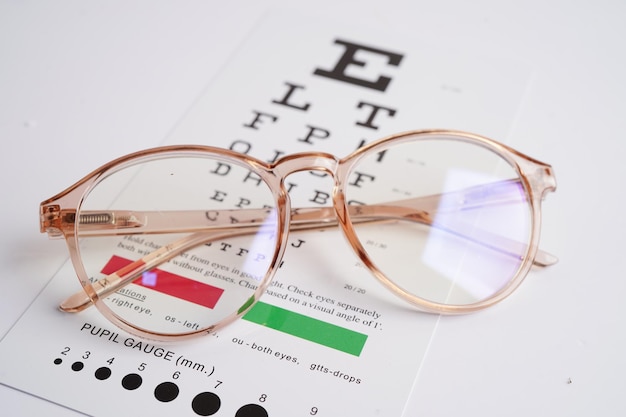 Lentes en la tabla de examen ocular para probar la precisión de la lectura de la vista