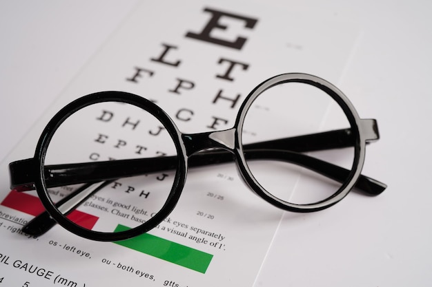 Lentes en la tabla de examen ocular para probar la precisión de la lectura de la vista