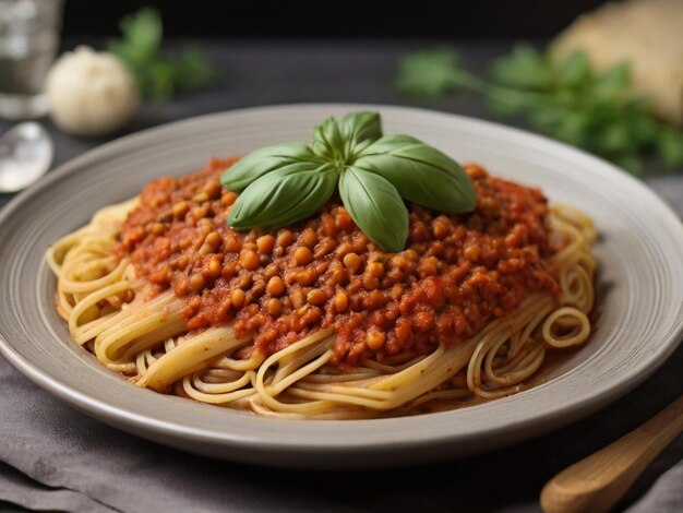 Lentil Bolognese con espagueti