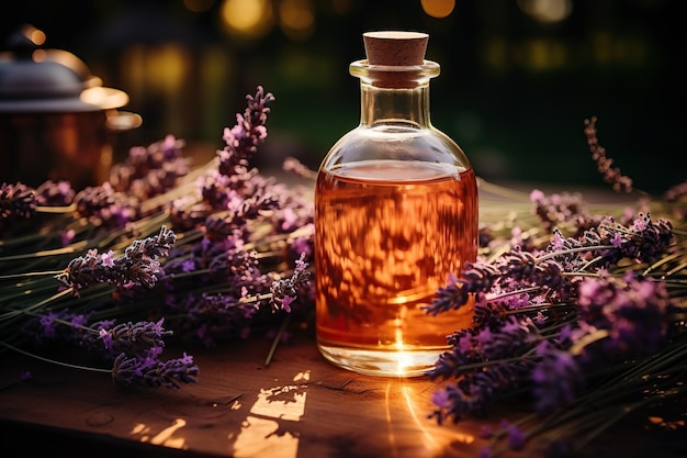 Óleo aromático essencial e flores de lavanda remédios naturais aromaterapia