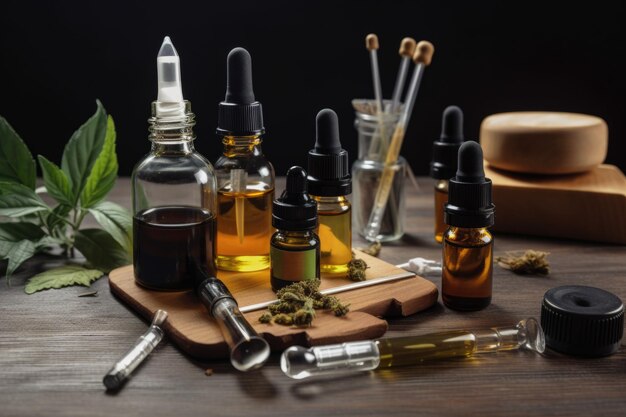 Óleo de cbd em mesa de madeira cercado por canetas vape e outros produtos cbd criados com ai generativo