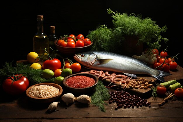 Óleo de frutos secos de legumes saudáveis e peixe cru na mesa de madeira