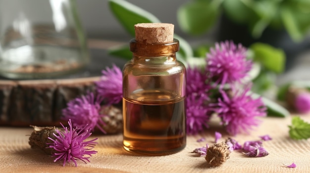 Óleo esencial natural de raíz de bardana con flores púrpuras Concepto de aromaterapia holística