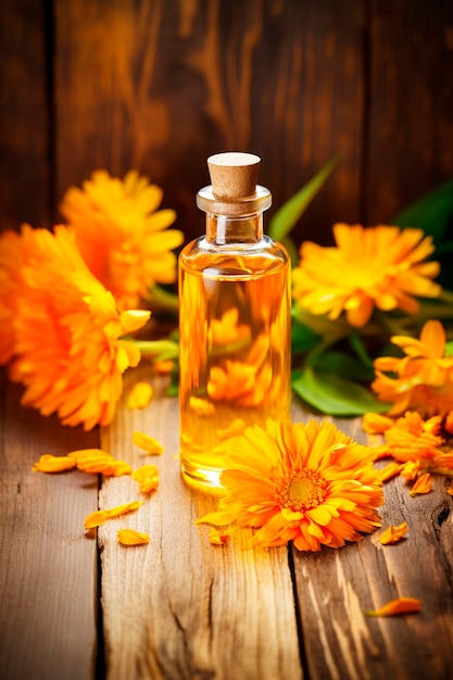 Óleo essencial de calendula com flores IA generativa Natureza