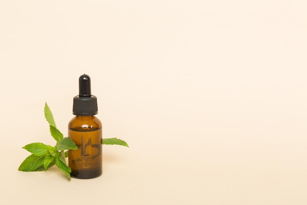 Óleo essencial de hortelã natural em uma garrafa de vidro cosméticos orgânicos com extratos de ervas de hortelã em fundo colorido
