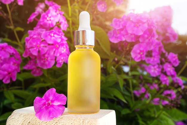 Óleo essencial natural em frasco de vidro contra um espaço de flores rosa. O conceito de essências orgânicas, cosméticos naturais e produtos para a saúde. Boticário moderno.