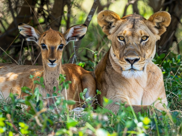 Leoa africana serena e jovem impala se unem no habitat natural Serenidade da vida selvagem