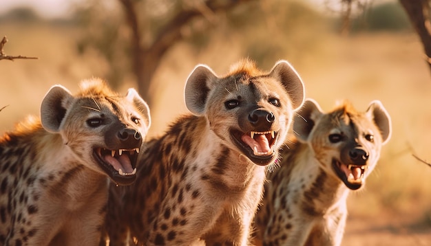 Foto leoa bonita brincando com gueparda sorrindo na savana gerada pela ia