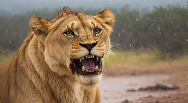 Leoa exibe dentes perigosos durante uma pequena tempestade Parque Nacional Kruger, África do Sul